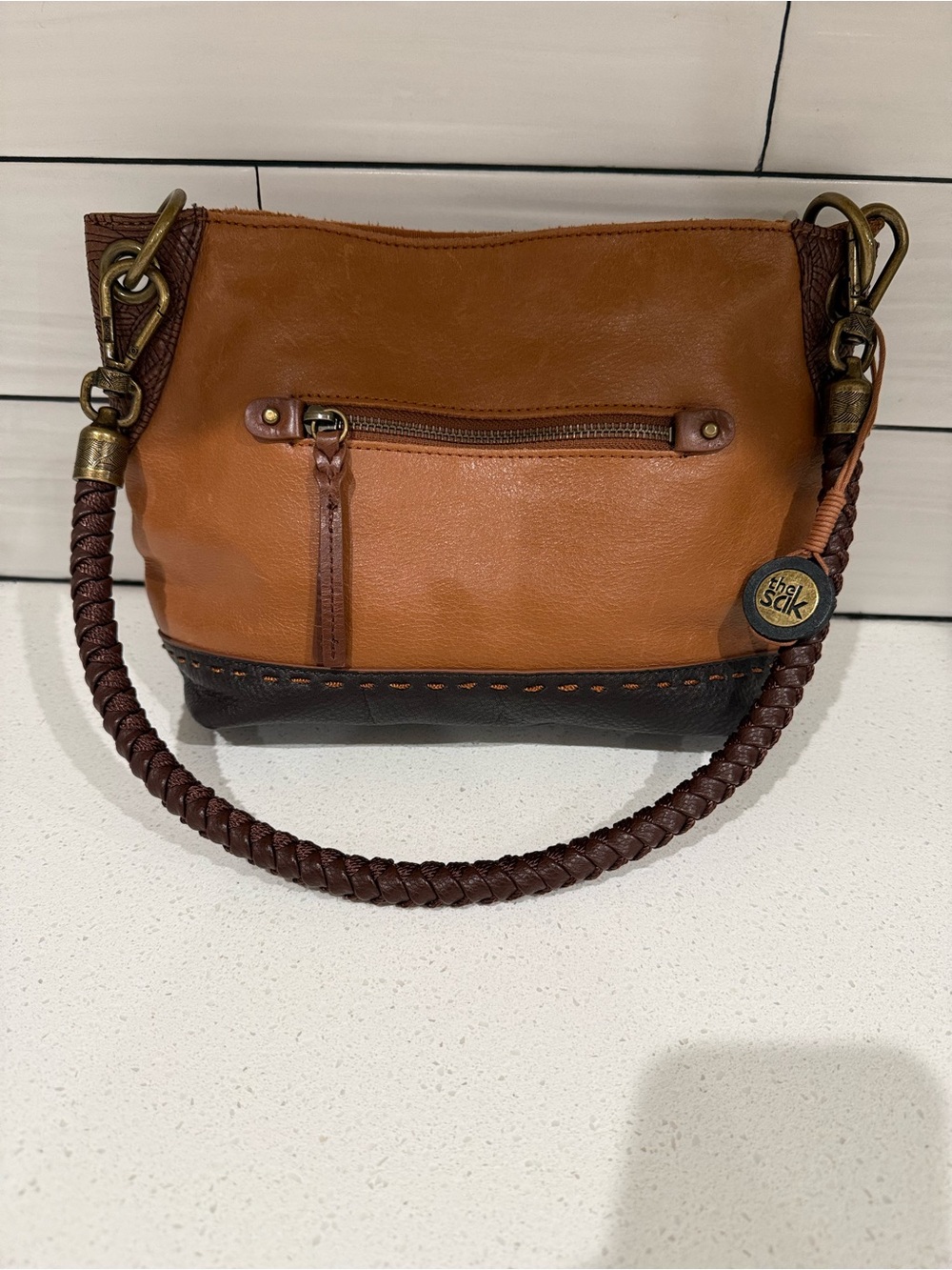 The Sak Two-Tone Tan and Dark Brown Leather Shoulder Bag